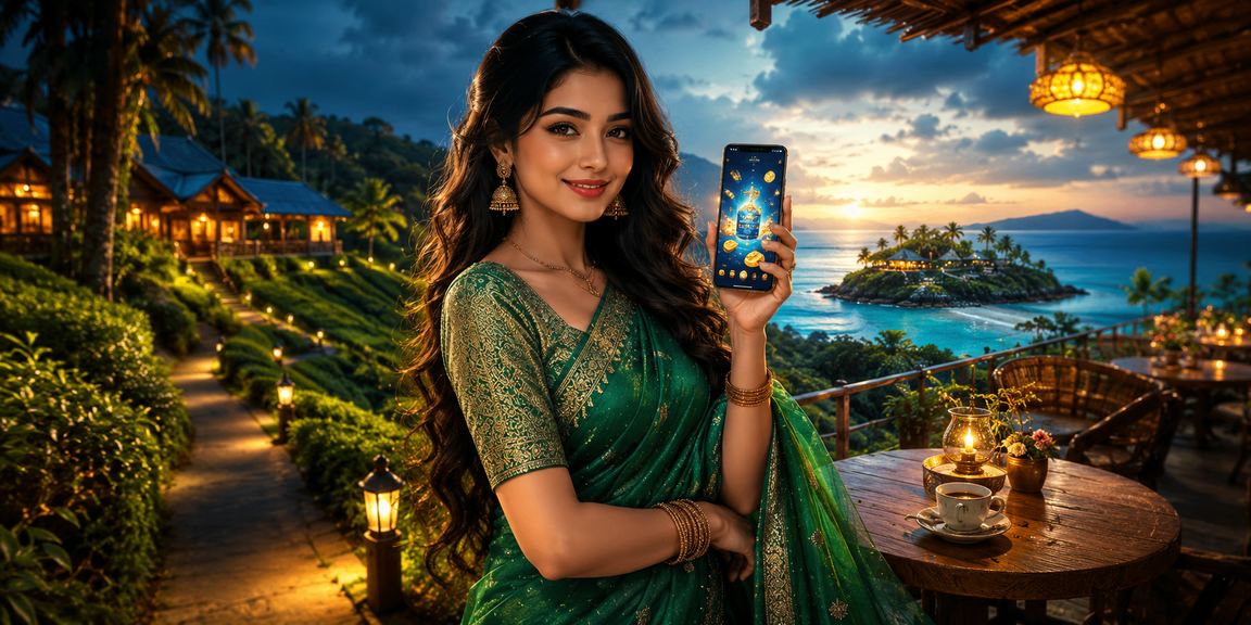 সেন্ট মার্টিনে শাড়ি পরিহিত ব্যবহারকারী মোবাইলে রিবেট বোনাস চেক করছেন